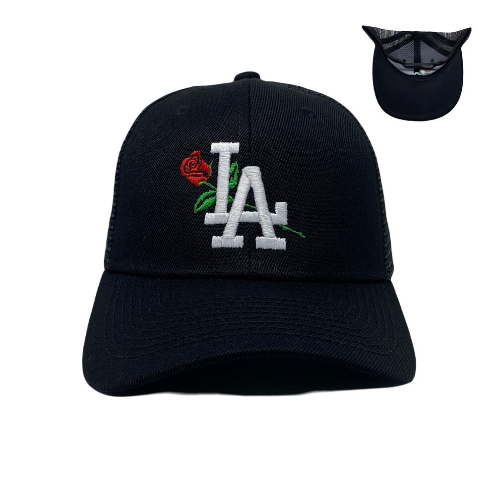 Los Angeles LA Rose Flower White Trucker Hat in Black Mesh